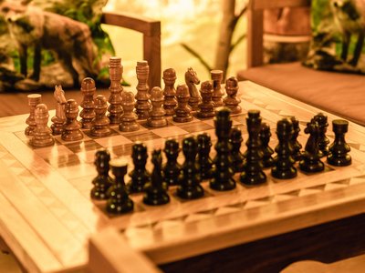 Der Grubacher • Unter den Biohotels in Tirol die beste Wahl Holz-Schachspiel auf einem kunstvoll verzierten Schachbrett