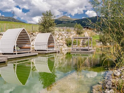 Relax & unwind • Der Grubacher: Eco Hotel in Gerlos Swimming pond in the garden with a sun lounger and a view of the mountains